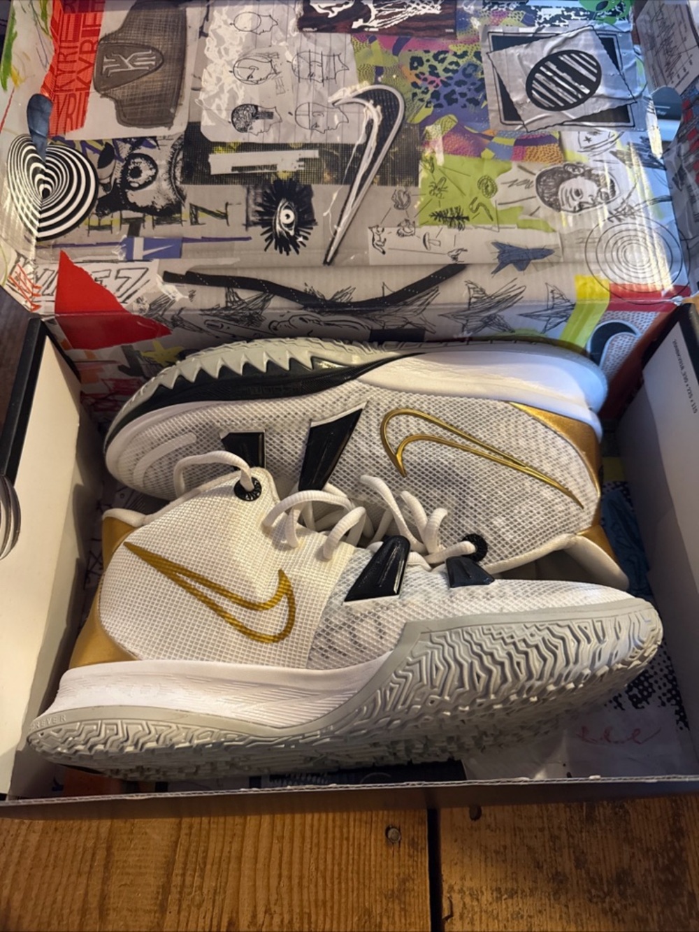 Nike Kyrie White and Gold Basketball Sneakers. New still in box